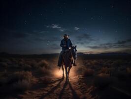 occidental cow-boy équitation le sien cheval à nuit, ai généré photo