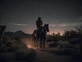 occidental cow-boy équitation le sien cheval à nuit, ai généré photo