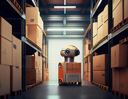 robot centre de la logistique stockage, robot bras avec boîte travail dans le Matériel industriel.génératif ai photo