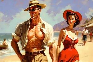 homme et femme sur le plage gil elvgren style génératif ai photo