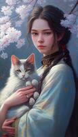 portrait de charmant fille laurie en portant une charmant chat dans printemps génératif ai photo