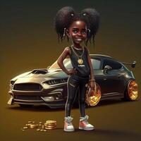 dessin animé personnage noir cool fille permanent avec sa voiture génératif ai photo