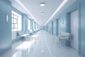 longue hôpital brillant couloir avec pièces et bleu des places 3d le rendu photo