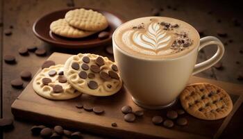café latté avec biscuits et café des haricots génératif ai photo