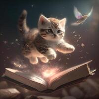 mignonne chaton en volant avec livres connaissance nuage art avec oiseau génératif ai photo