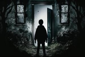 horreur films image silhouette art de une garçon à le porte génératif ai photo