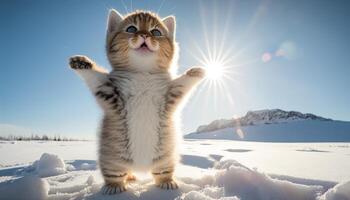 le Soleil est brillant neige Montagne et une joufflu chat génératif ai photo