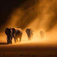 minimalisme plaines éléphants tempête de poussière épique lever du soleil magnifique image génératif ai photo