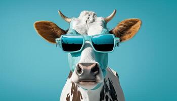 marrant blanc laiteux vache avec des lunettes de soleil génératif ai photo