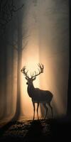 une marron magnifique cerf dans une foncé brumeux forêt image génératif ai photo