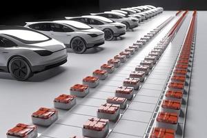 électrique voitures avec pack de batterie cellules module sur Plate-forme dans une rangée photo