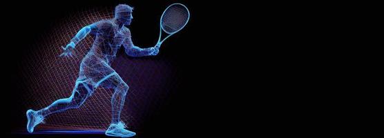 abstrait silhouette de une tennis joueur sur bleu Contexte. tennis joueur homme avec raquette les coups le balle. illustration ai photo