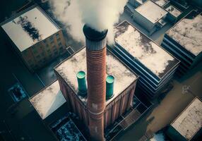 usine cheminée avec blanc fumée Haut voir. ai généré photo