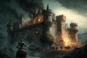 agression sur le Château par médiéval guerres. troupe bataille. ai généré photo