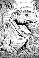 coloration livre pour des gamins avec une dinosaure peinte à la main dans dessin animé style, tyrannosaure. génératif ai photo