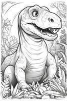 coloration livre pour des gamins avec une dinosaure peinte à la main dans dessin animé style, tyrannosaure. génératif ai photo