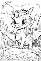 mignonne dessin animé dragon. noir et blanc illustration pour coloration livre. génératif ai photo