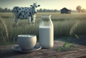 des lunettes et Frais Lait sur une en bois table avec vaches sur une prairie. génératif ai photo