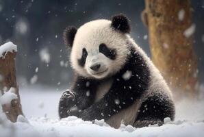 mignonne Panda bébé en jouant dans neige hiver, génératif ai photo