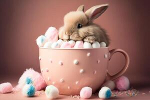 mignonne lapin dans tasse plein de bonbons sur foncé rose Contexte. génératif ai. photo