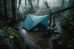 région sauvage survie. bushcraft tente en dessous de le bâche dans lourd pluie, embrassement le refroidissement de aube. une scène de endurance et résistance photo