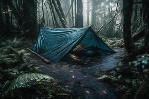 région sauvage survie. bushcraft tente en dessous de le bâche dans lourd pluie, embrassement le refroidissement de aube. une scène de endurance et résistance photo