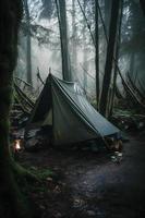 région sauvage survie. bushcraft tente en dessous de le bâche dans lourd pluie, embrassement le refroidissement de aube. une scène de endurance et résistance photo