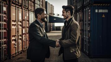 deux les hommes d'affaires tremblement mains après une réussi réunion. ai généré. photo