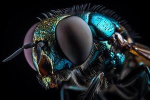 très proche et détaillé macro portrait de une mouche domestique avec grand yeux contre une foncé Contexte. ai généré photo