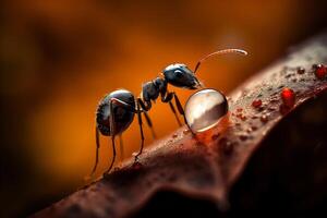 très proche et détaillé macro portrait de un fourmi sur une foncé Contexte. ai généré photo