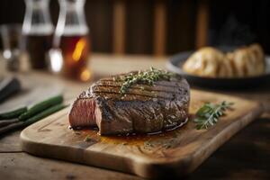 juteux grillé steak avec herbes et épices sur rustique Coupe planche. barbecue. ai généré photo