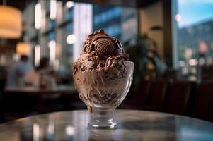 gourmet Chocolat la glace crème dans verre bol sur la glace crème parloir tableau. rustique bois. ai généré. congelé dessert photo