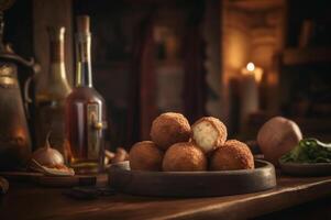 délicieux fait maison croquettes sur en bois table dans rustique cuisine Contexte. ai généré photo