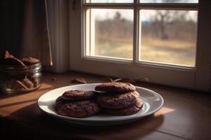 délicieux fait maison des chocolats biscuits sur rustique en bois tableau. ai généré photo