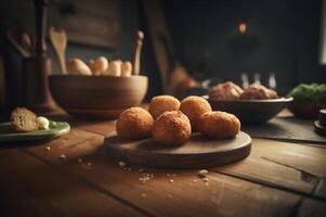 délicieux fait maison croquettes sur en bois table dans rustique cuisine Contexte. ai généré photo