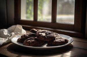 délicieux fait maison des chocolats biscuits sur rustique en bois tableau. ai généré photo