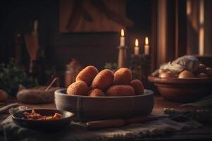 délicieux fait maison croquettes sur en bois table dans rustique cuisine Contexte. ai généré photo