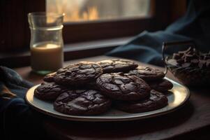 délicieux fait maison des chocolats biscuits sur rustique en bois tableau. ai généré photo