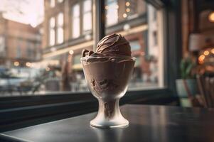 gourmet Chocolat la glace crème dans verre bol sur la glace crème parloir tableau. rustique bois. ai généré. congelé dessert photo
