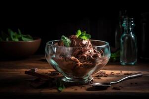 gourmet Chocolat la glace crème dans verre bol sur la glace crème parloir tableau. rustique bois. ai généré. congelé dessert photo