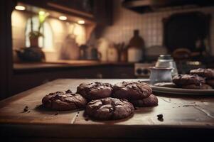 délicieux fait maison des chocolats biscuits sur rustique en bois tableau. ai généré photo