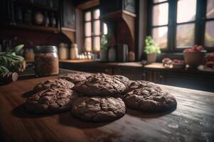 délicieux fait maison des chocolats biscuits sur rustique en bois tableau. ai généré photo