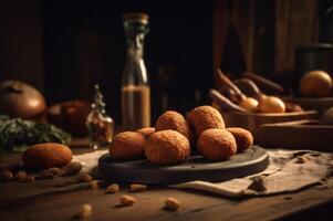 délicieux fait maison croquettes sur en bois table dans rustique cuisine Contexte. ai généré photo