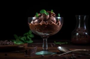 gourmet Chocolat la glace crème dans verre bol sur la glace crème parloir tableau. rustique bois. ai généré. congelé dessert photo