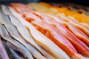 Japonais sashimis, brut poisson Viande tranché dans pièces. génératif ai. photo