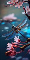 libellule en volant passé Cerise fleurs. ai généré photo