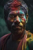 Indien homme fermer portrait avec coloré peindre photo
