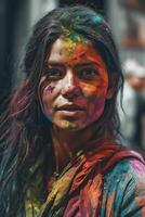 Indien femme proche en haut portrait avec coloré peindre photo