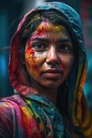 Indien femme proche en haut portrait avec coloré peindre photo