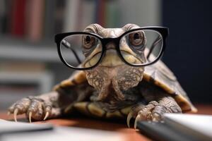 tortue dans des lunettes lent Bureau ouvrier génératif ai photo